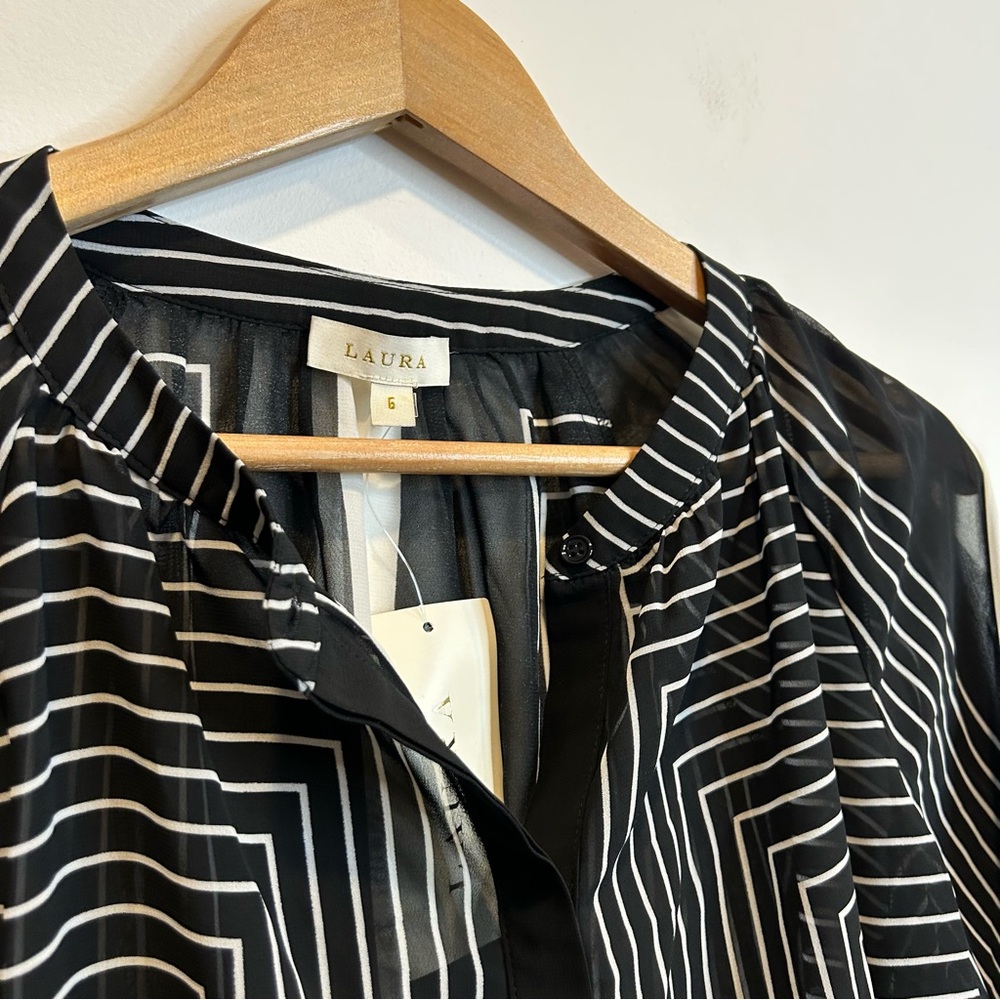 Laura Mixed Stripe Button-Down Sheer Blouse Black and White Pattern - Picture 8 of 13